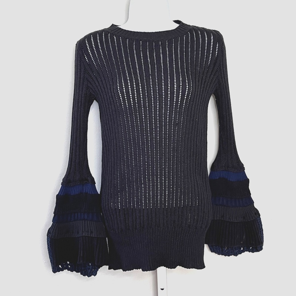 Sacai Bell Sleeve‎ Crochet Knit Sweater Black/Navy Ruffles Avant Garde Luxe Sz 1